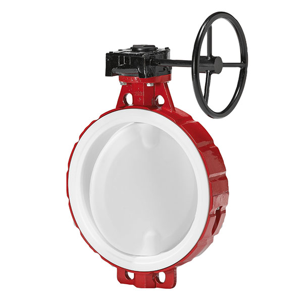 PTFE Lined Butterfly Valve with Cast Iron Body, Gearbox Operated (painted red)