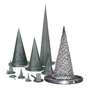 A number of different sized conical strainers with different levels of filtration