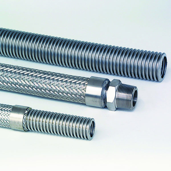 Three different types of stainless steel flexible hose with one having a screwed male end connection.